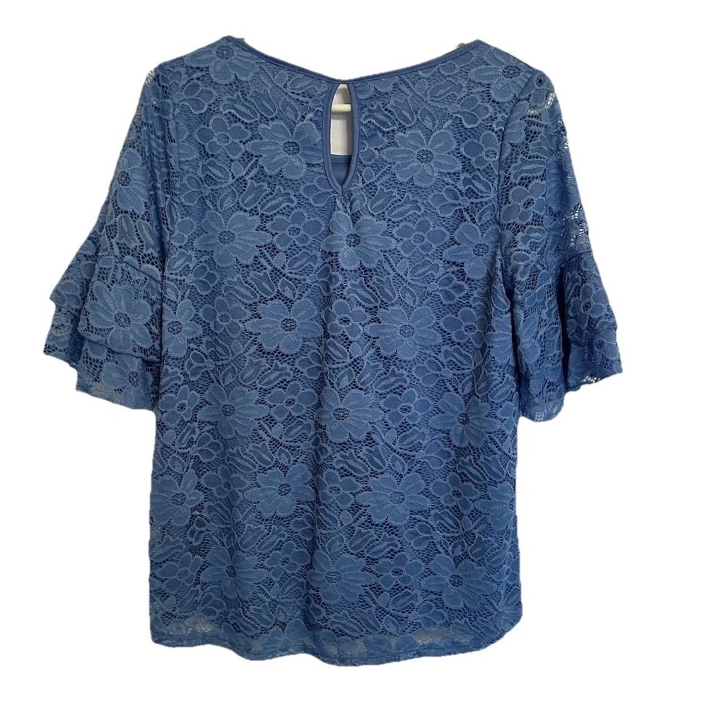 Rue Juju - Blue Lace Stretch Top Shirt Blouse Double Bell Sleeves Lined - Size M - Picture 2 of 5